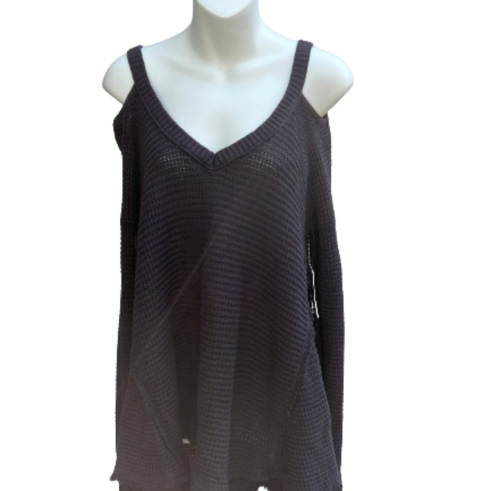 Free People NWT Off Shoulder Waffle Knit Raw Hem Flowy Sweater Charcoal Size XS